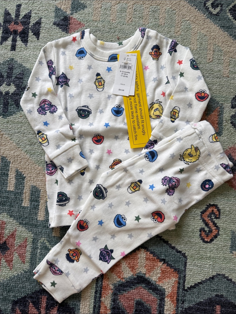 GAP White Kids Pajama Set with Multicolor Sesame Street Faces and Stars